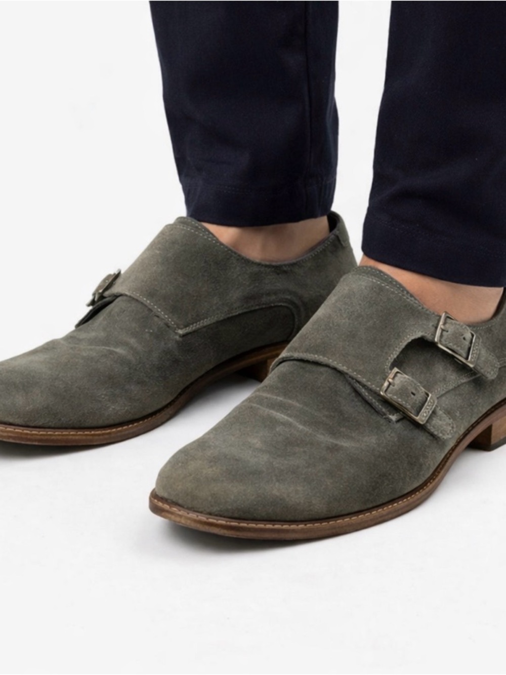 Rare Ted Baker Men's Double Monk Suede Shoes in Olive Gray